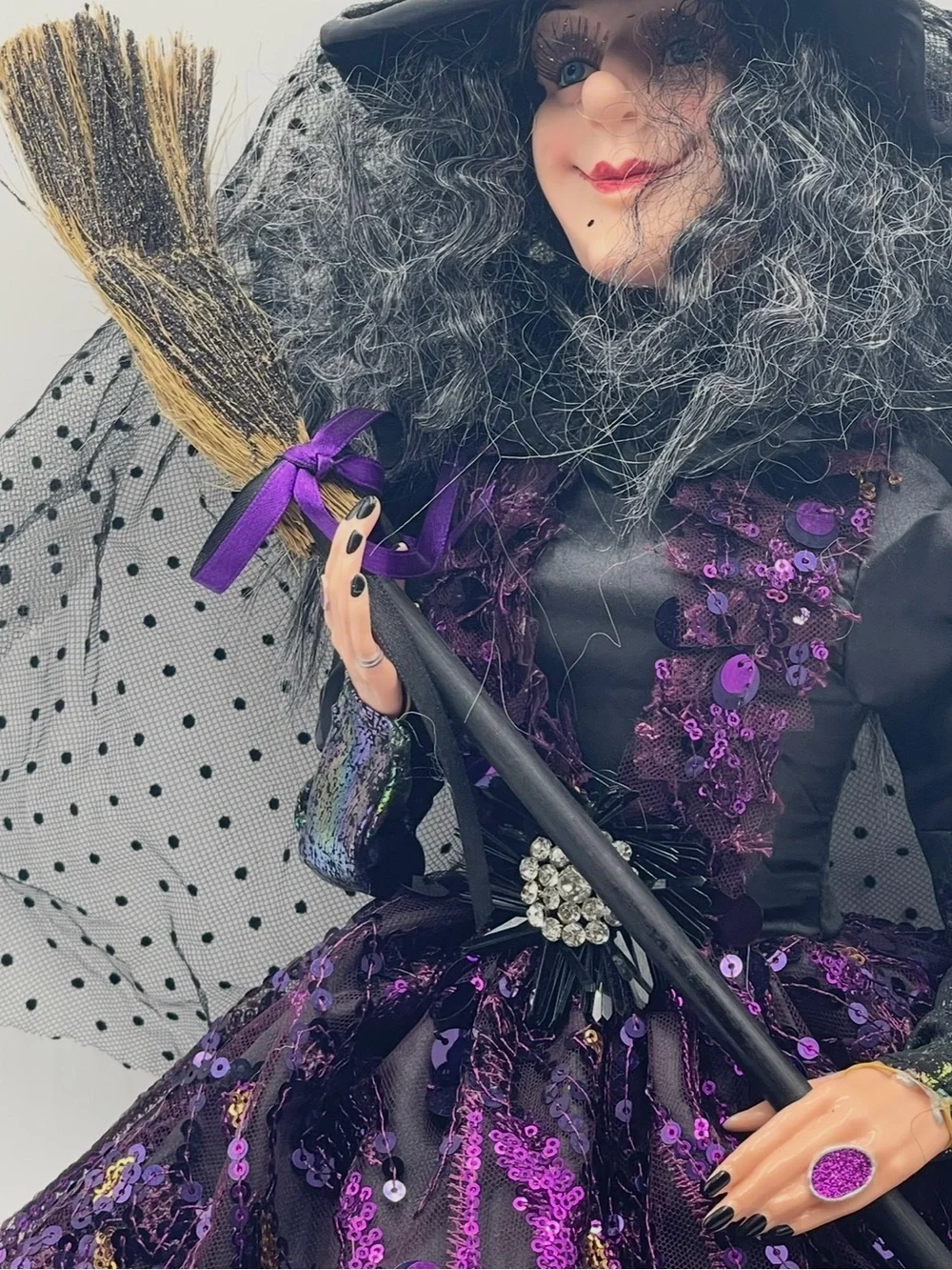 31” Halloween Gothic Wicked Witch Shelf Sitter Doll Purple Sequins w/Broom Stick